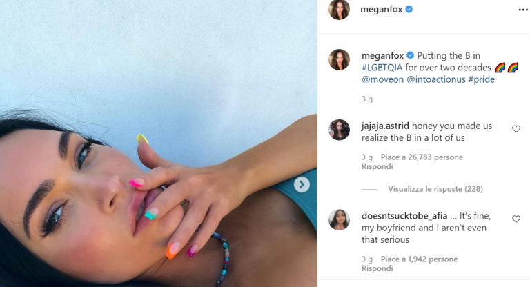 Megan Fox è bisessuale e celebra in post su IG Pride