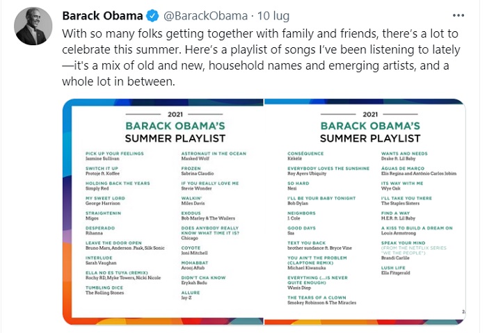 Obama condivide la playlist dell’estate 2021