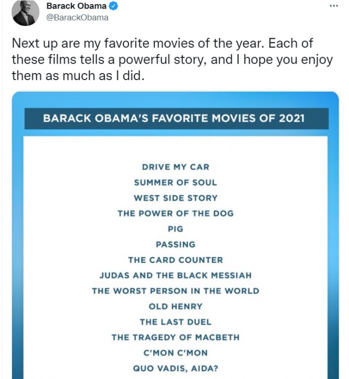 Barack Obama condivide i suoi film preferiti del 2021