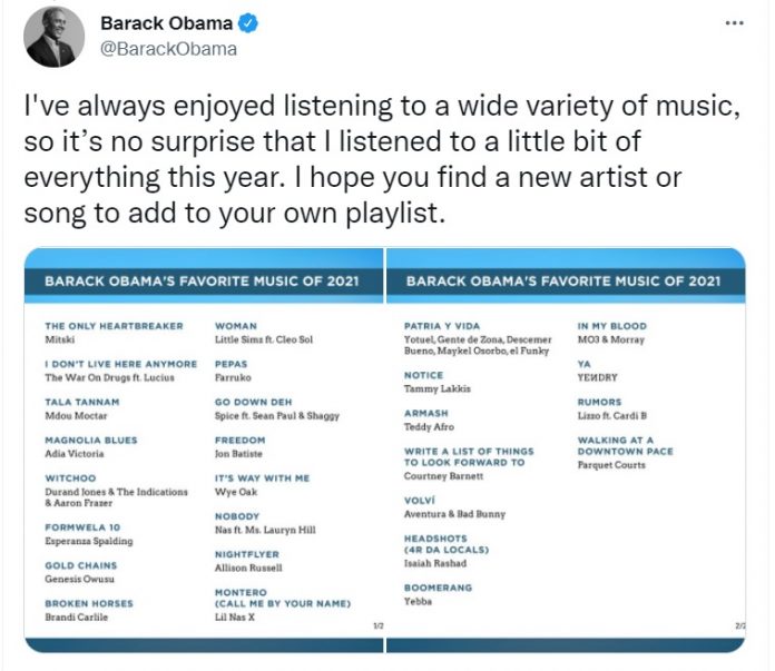 Barack Obama condivide le sue canzoni preferite del 2021