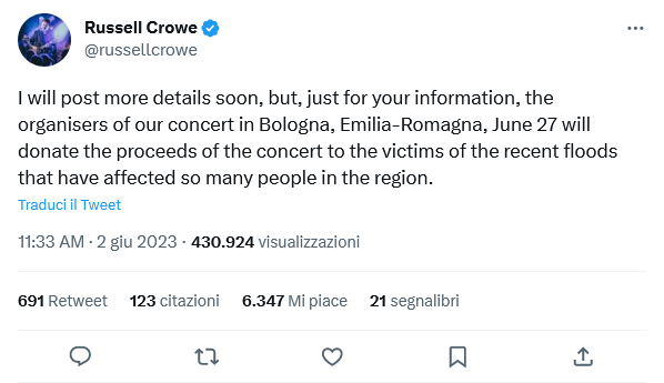 Russell Crowe a Bologna: “il ricavato a vittime alluvione Emilia Romagna”